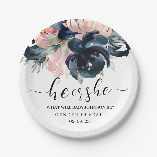 Navy and Blush gender reveal paper plates. Paper P Plates (Front)