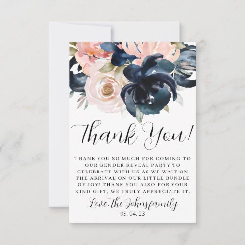 Navy and Blush gender reveal Thank you Card