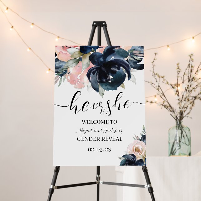 Navy and Blush gender reveal Welcome sign. Foam Bo Board (In Situ (Stand))