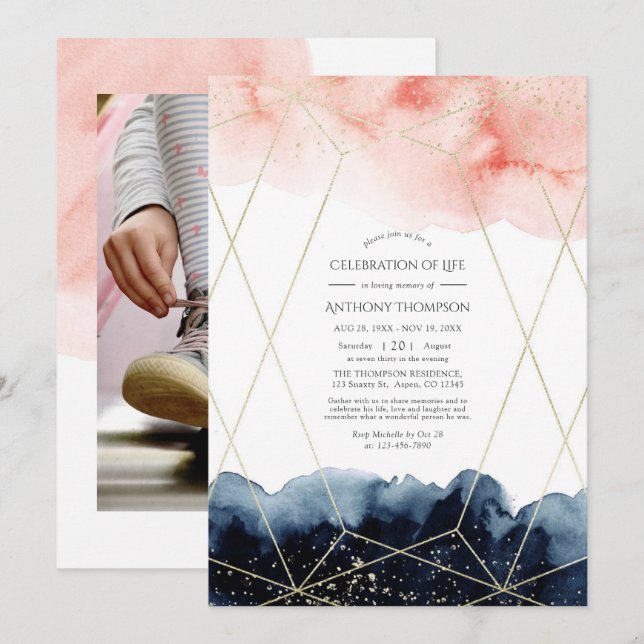 Navy and Blush Geometric Celebration of Life Invit Invitation (Front/Back)