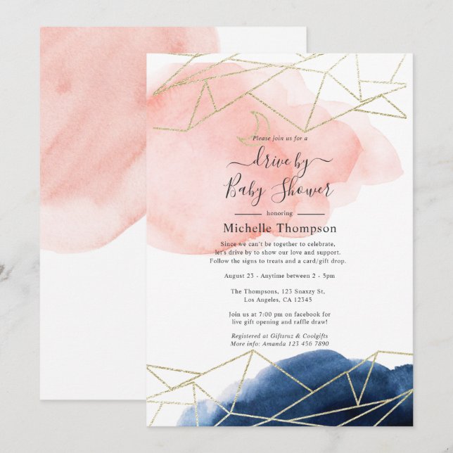 Navy and Blush Geometric Drive By Shower Invitation (Front/Back)