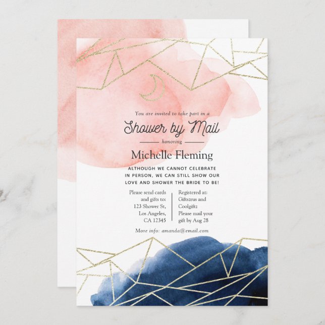 Navy and Blush Geometric Shower by Mail Invitation (Front/Back)