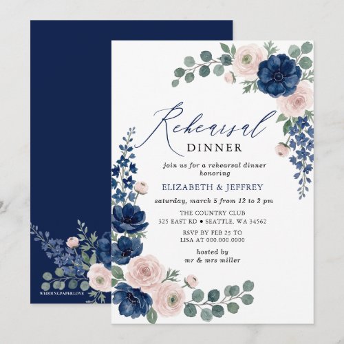 Navy and Blush Greenery Floral Rehearsal Dinner Invitation