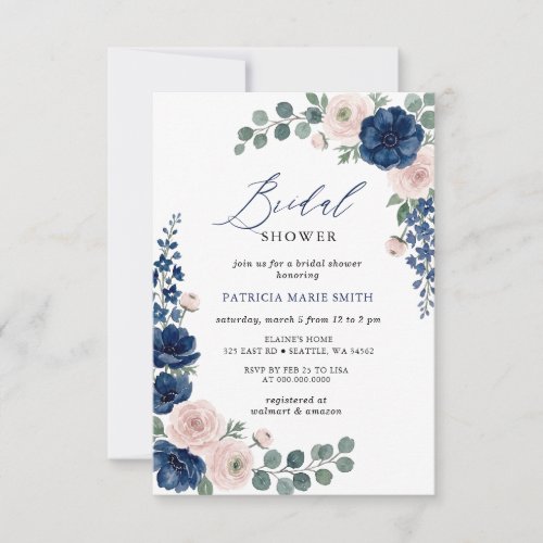 Navy and Blush Greenery Modern Bridal Shower Invitation