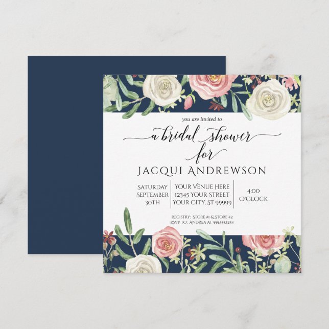Navy and Blush Ivory Roses Floral Bridal Shower Invitation (Front/Back)