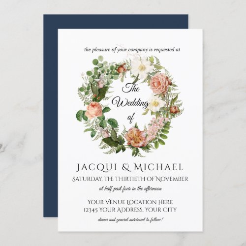 Navy and Blush Ivory Roses w Fern Wreath Wedding Invitation