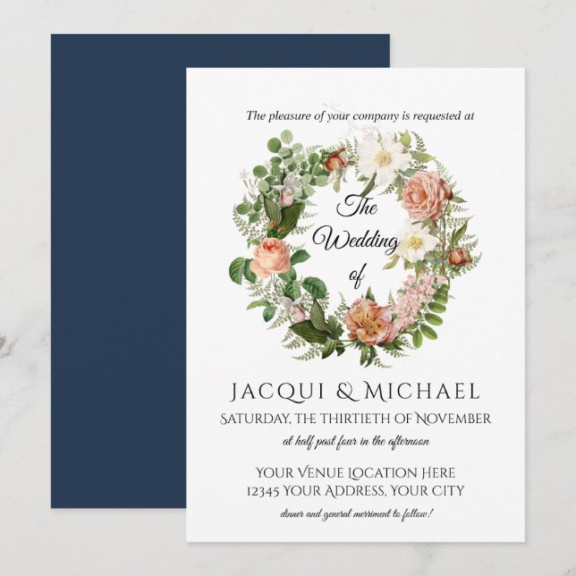 Navy and Blush Ivory Roses w Fern Wreath Wedding Invitation (Front/Back)
