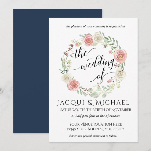Navy and Blush Ivory Roses w Leaf Wreath Wedding Invitation (Front/Back)