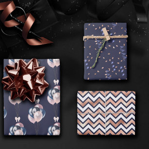 Navy and Blush Party Blue Pink Confetti Balloons Wrapping Paper Sheets