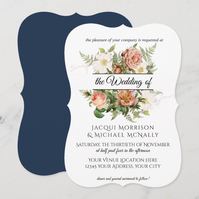 Navy and Blush Peony, Roses w Fern Wreath Wedding Invitation (Front/Back)