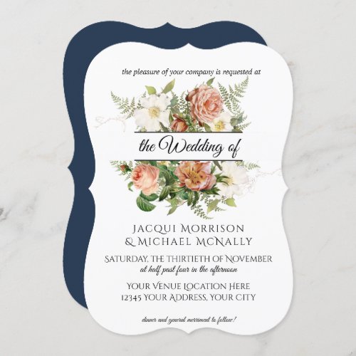 Navy and Blush Peony Roses w Fern Wreath Wedding Invitation