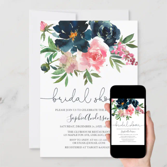 Navy And Blush Pink Bloom Floral Bridal Shower Invitation | Zazzle