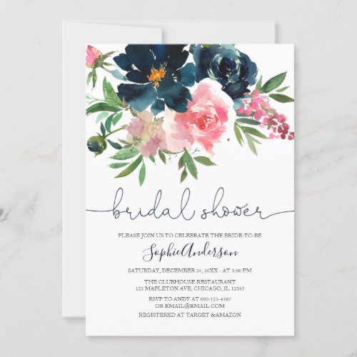 Navy and Blush Pink Bloom Floral Bridal Shower Invitation