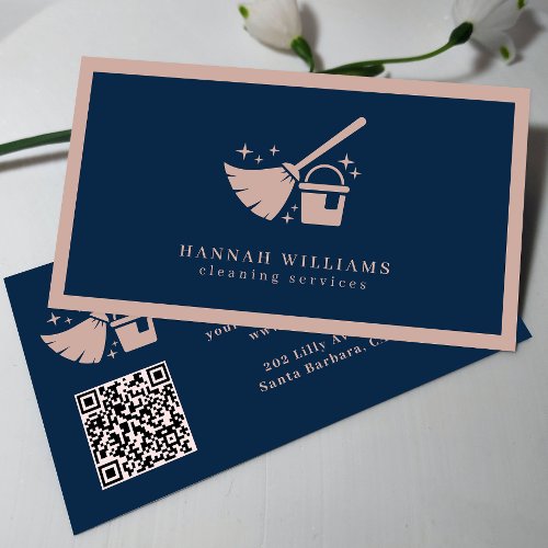 Navy And Blush Pink Cleaning Services QR code   Business Card