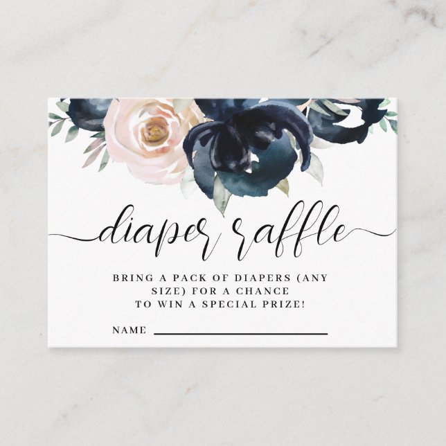 Navy and blush pink diaper raffle Enclosure Card. (Front)