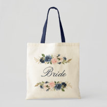 Navy and blush pink floral bride tote bag