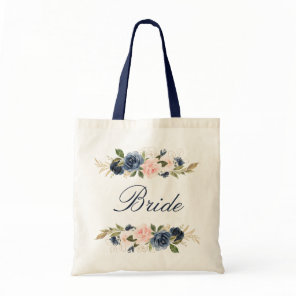 Navy and blush pink floral bride tote bag