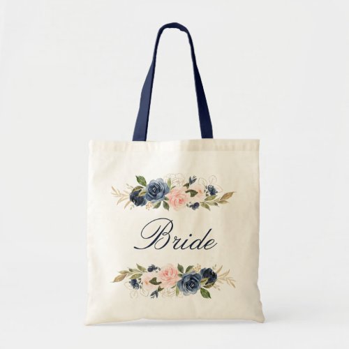 Navy and blush pink floral bride tote bag
