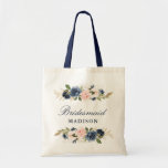 Navy and blush pink floral bridesmaid tote bag<br><div class="desc">A lovely floral bride's tote bag. It has navy blue and pink blush roses and you can personalize the text and colors.</div>