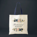 Navy and blush pink floral bridesmaid tote bag<br><div class="desc">A lovely floral bride's tote bag. It has navy blue and pink blush roses and you can personalize the text and colors.</div>