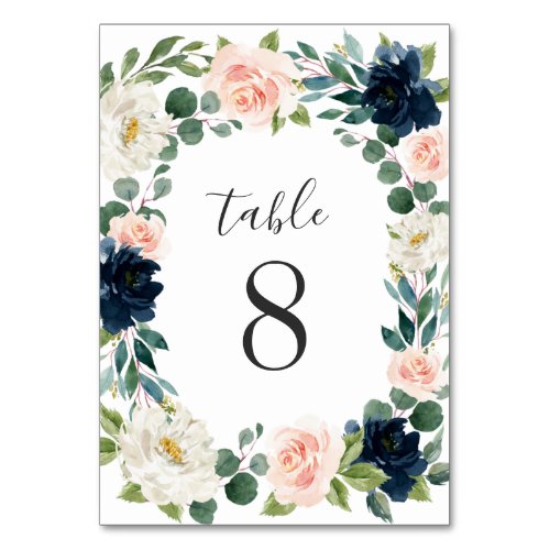 Navy and Blush Pink Floral Chic Watercolor Wedding Table Number