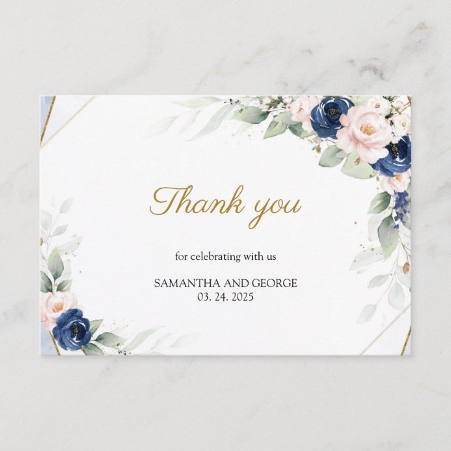 Navy and Blush Pink Floral Gold Greenery Thank You Enclosure Card (Front)