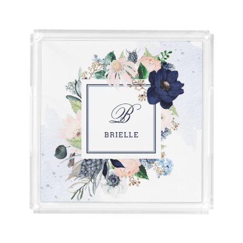 Navy and Blush Pink Floral  Name and Monogram Acrylic Tray