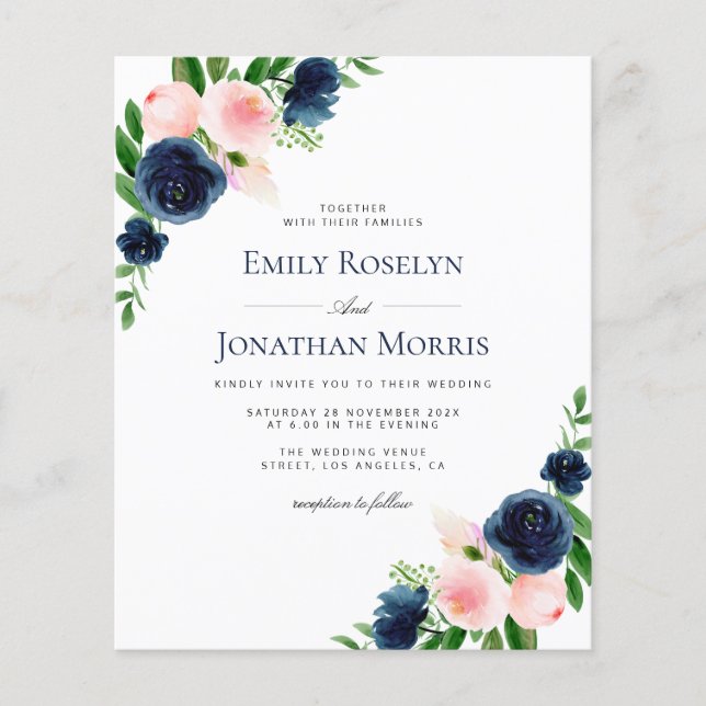 navy and blush pink floral wedding invitation (Front)