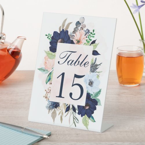 Navy and Blush Pink Floral Wedding Table Numbers Pedestal Sign