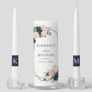 navy and blush pink floral wedding unity candle set