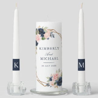 navy and blush pink floral wedding unity unity candle set