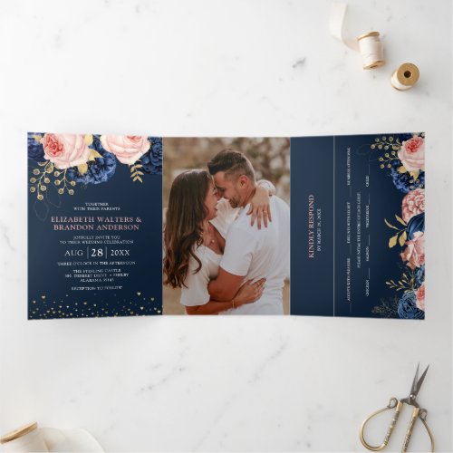 Navy and Blush Pink Florals Elegant Wedding Tri_Fo Tri_Fold Invitation