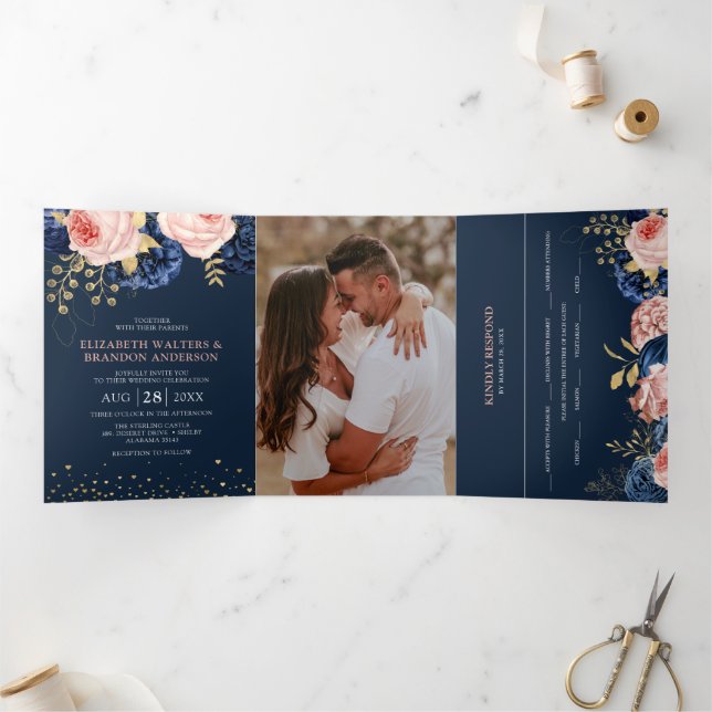 Navy and Blush Pink Florals Elegant Wedding Tri-Fo Tri-Fold Invitation (Inside)