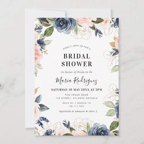 navy and blush pink flowers bridal shower invitation