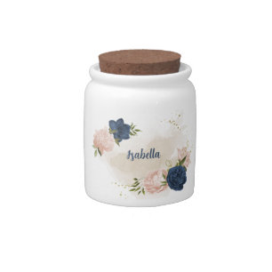 navy and blush pink flowers greenery candy jar