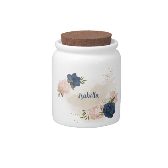 navy and blush pink flowers greenery candy jar (Front)
