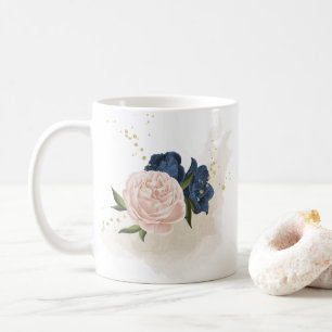 navy and blush pink flowers greenery coffee mug