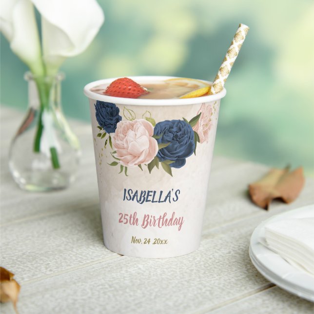 navy and blush pink flowers greenery  paper cups (Insitu)