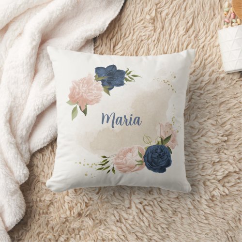 navy and blush pink flowers greenery throw pillow