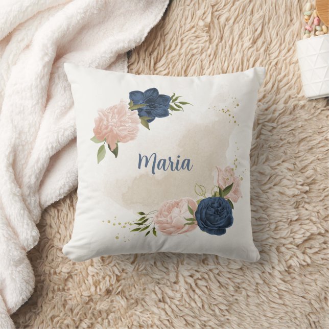 navy and blush pink flowers greenery throw pillow (Blanket)