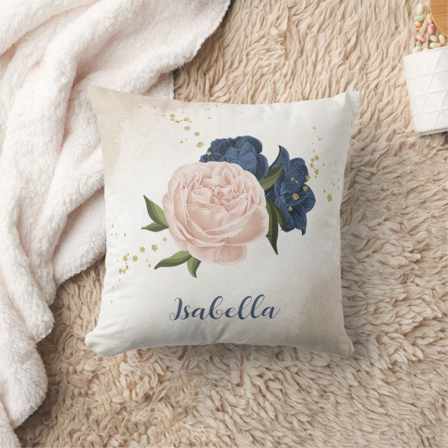 navy and blush pink flowers greenery throw pillow (Blanket)