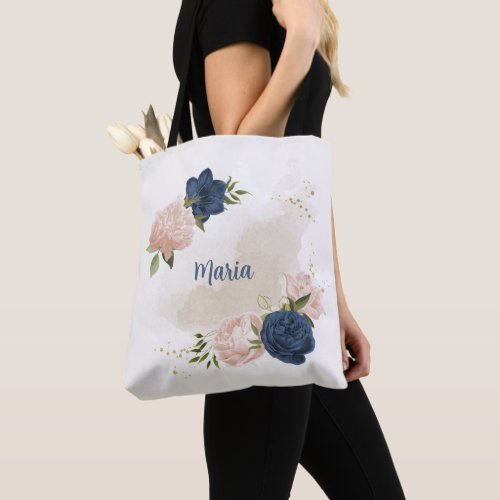 navy and blush pink flowers greenery tote bag