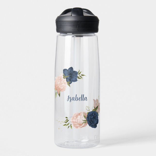 navy and blush pink flowers greenery water bottle (Front)