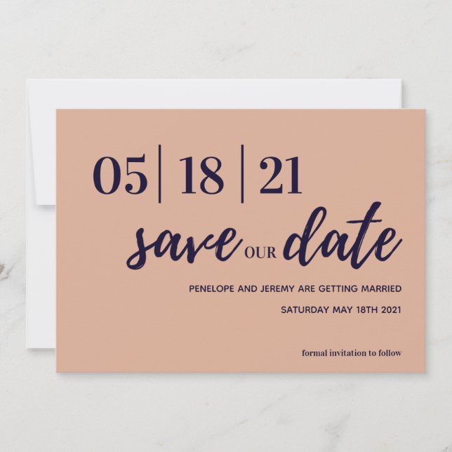 navy and blush pink modern script save the date (Front)