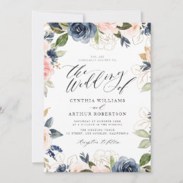 navy and blush pink roses wedding invitation