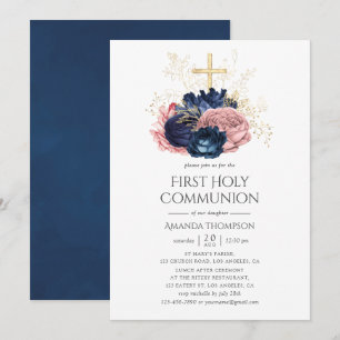 Navy and Blush Pink Vintage Roses Holy Communion Invitation