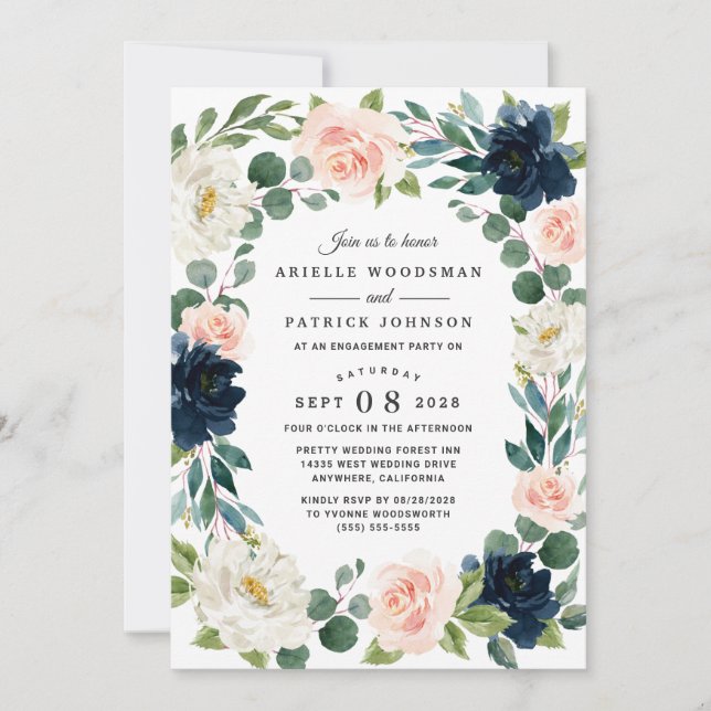 Navy and Blush Pink Watercolor Engagement Party Invitation (Front)