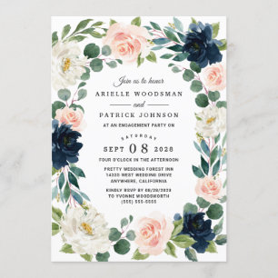 Navy and Blush Pink Watercolor Engagement Party Invitation
