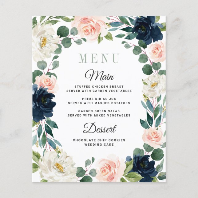 Navy and Blush Pink Watercolor Wedding Menu Cards (Front)