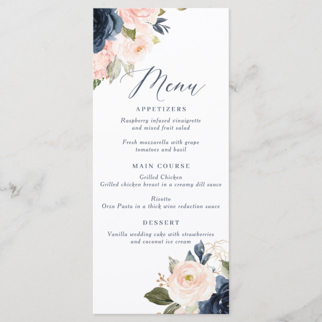 Navy and Blush Pink Wedding Menu (Front)